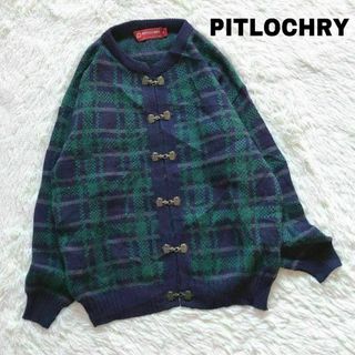 87X英国製PITLOCHRY ウールニットカーディガン チェックメタルフック(カーディガン)