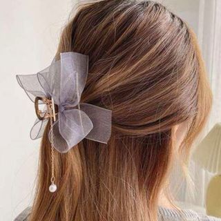 【残３】ブルー　ヘアクリップ　バレッタ　シフォン　リボン　パール　上品　韓国(バレッタ/ヘアクリップ)