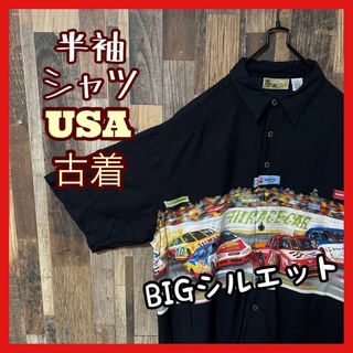 柄シャツ メンズ アロハ 車 レース 2XL ブラック シャツ USA古着 半袖(シャツ)