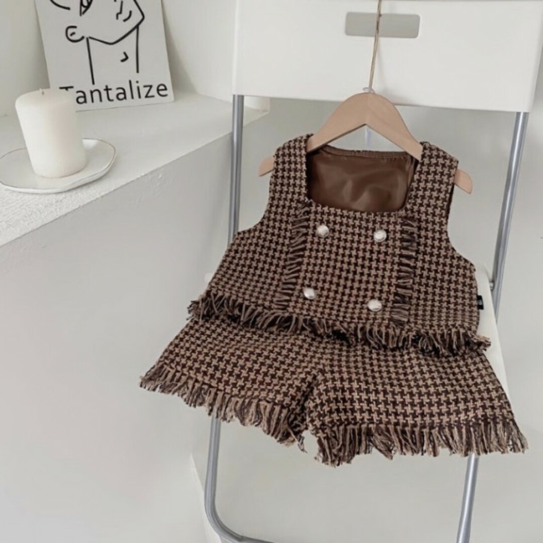 子ども 110 ツイードビスチェ セットアップ 茶色 チェック柄 フォーマル キッズ/ベビー/マタニティのキッズ服女の子用(90cm~)(ドレス/フォーマル)の商品写真