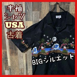 柄シャツ メンズ サンタ アロハ ブラック XL シャツ 古着 90s 半袖(シャツ)