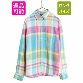 Ralph Lauren - 90s LAUREN ラルフローレン 100% リネン 長袖 チェック シャツ レディース L / 90年代 オールド ポロ 長袖シャツ ワンポイント ブラウス 麻