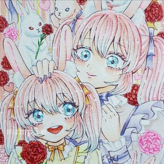 手描きイラスト　オリジナル　創作　原画『ありがとう、だいすき！』　うさぎ　うさ耳(アート/写真)