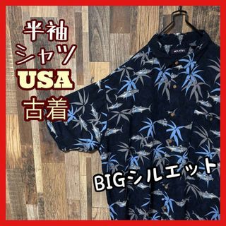 アロハ メンズ 柄シャツ 総柄 ネイビー 2XL シャツ 古着 90s 半袖(シャツ)