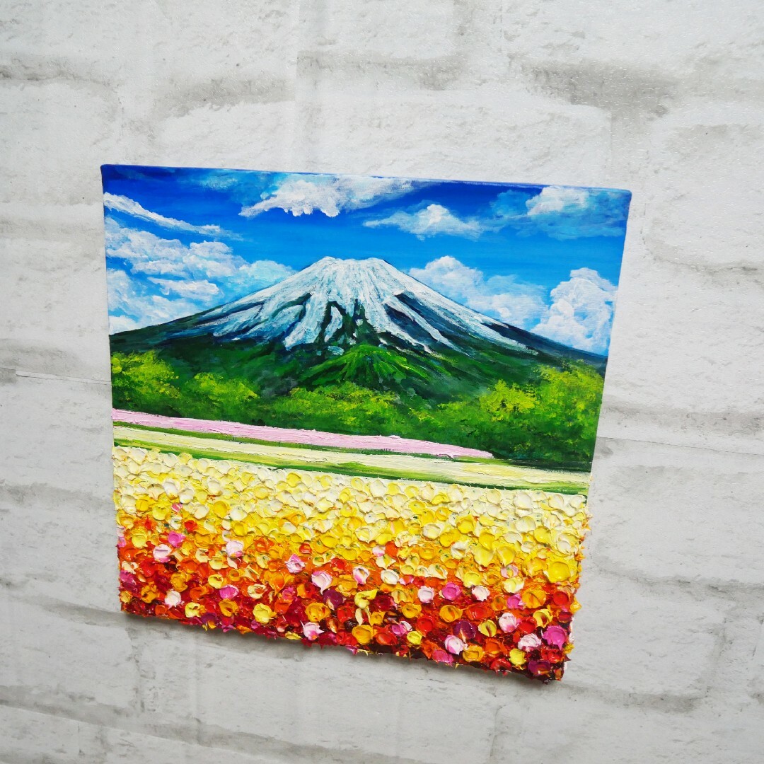 油絵 絵画  アートパネル【お花畑と富士山】 エンタメ/ホビーの美術品/アンティーク(絵画/タペストリー)の商品写真