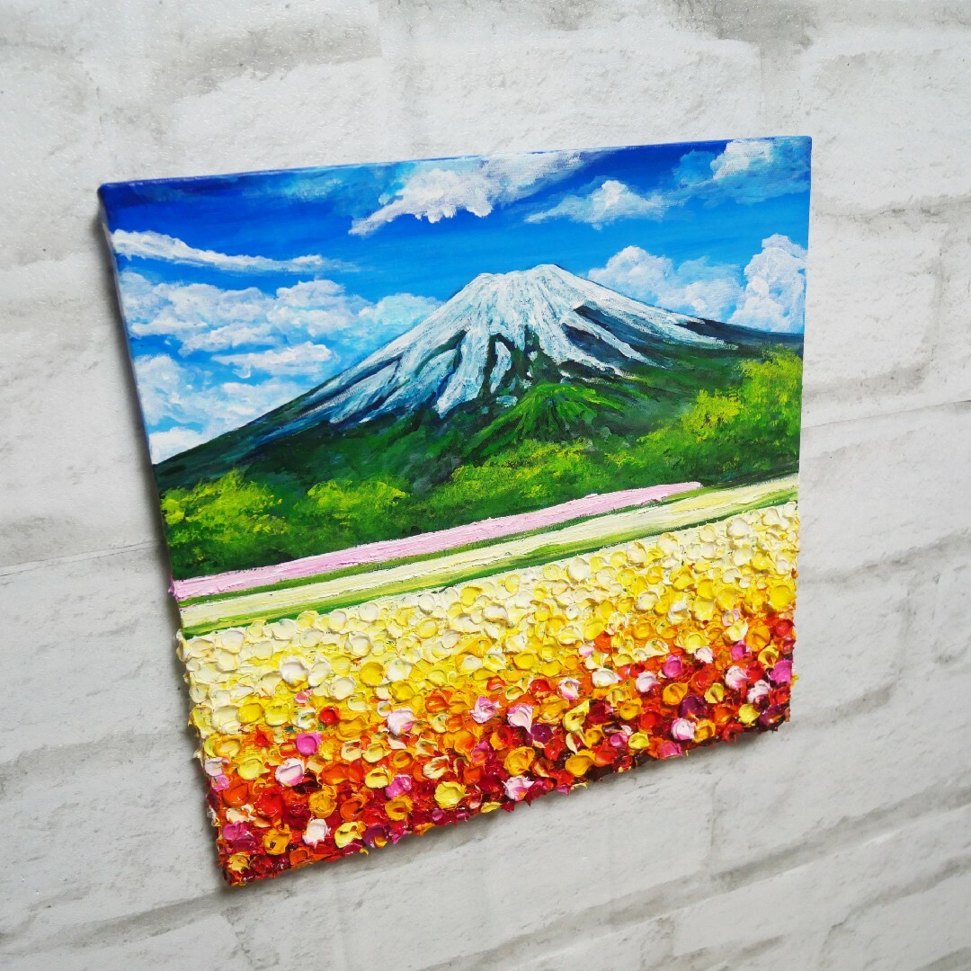 油絵 絵画  アートパネル【お花畑と富士山】 エンタメ/ホビーの美術品/アンティーク(絵画/タペストリー)の商品写真