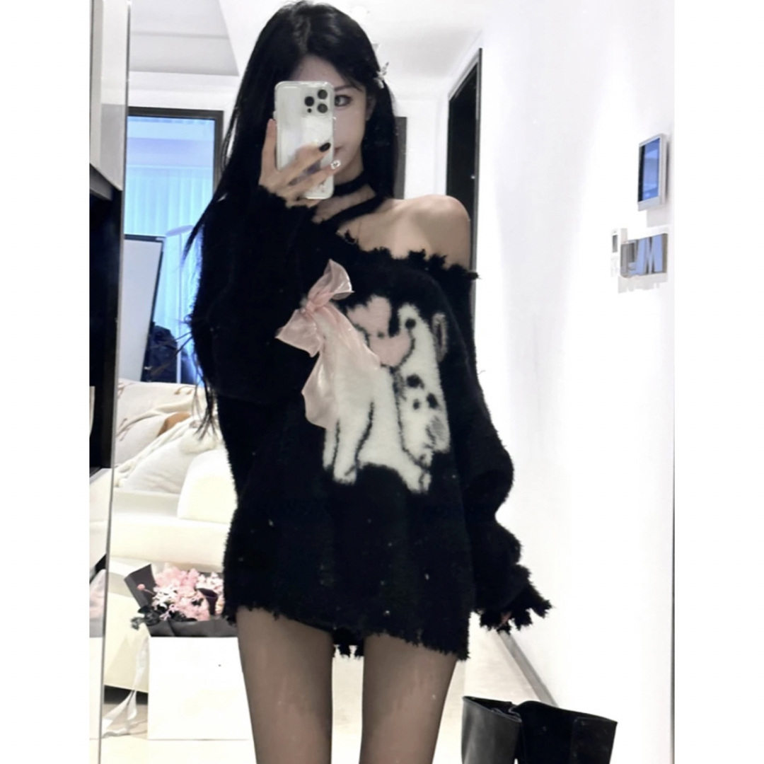 SHEIN(シーイン)の【ワンホン】オーバーサイズ ニット ワンショルダー ねこ y2k バレエコア レディースのトップス(ニット/セーター)の商品写真