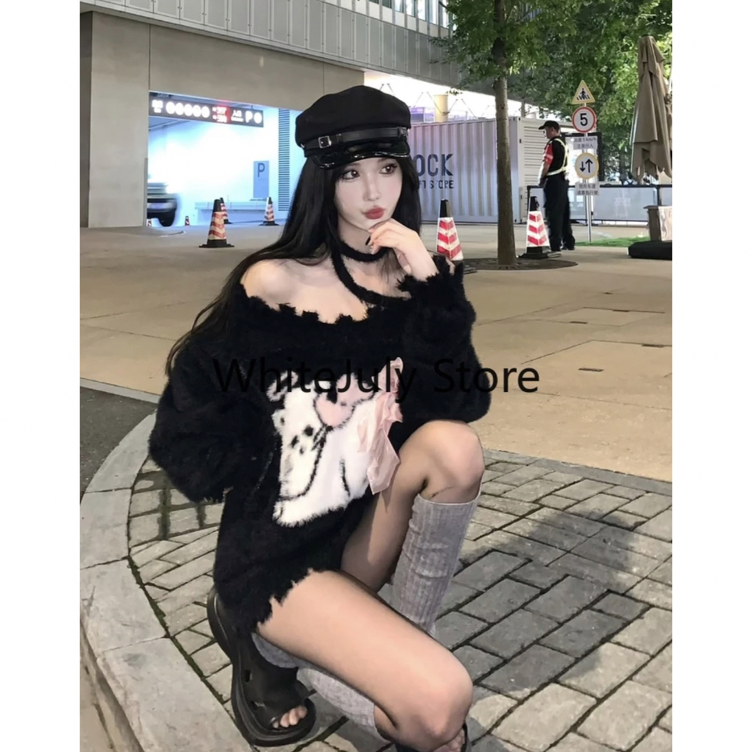 SHEIN(シーイン)の【ワンホン】オーバーサイズ ニット ワンショルダー ねこ y2k バレエコア レディースのトップス(ニット/セーター)の商品写真