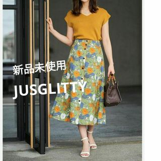 JUSGLITTY - 未使用品・タグ付き・ジャスグリッティー・花柄ロングスカート・ミモレ丈・麻混・総柄