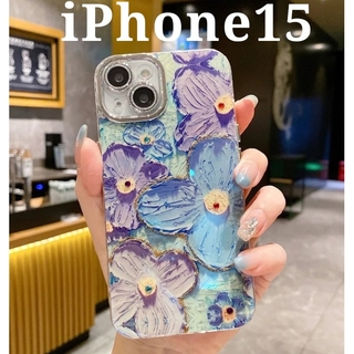 花柄 ブルーレイ スマホケース iPhone15 ライトブルー カメラレンズ保護(iPhoneケース)