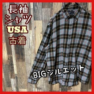 チェック メンズ アメカジ ボタンダウン グレー XL シャツ USA古着 長袖(シャツ)