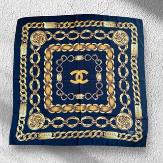 シャネル(CHANEL)のCHANEL シャネル ヴィンテージ スカーフ シルク チェーン柄 ブラック(バンダナ/スカーフ)