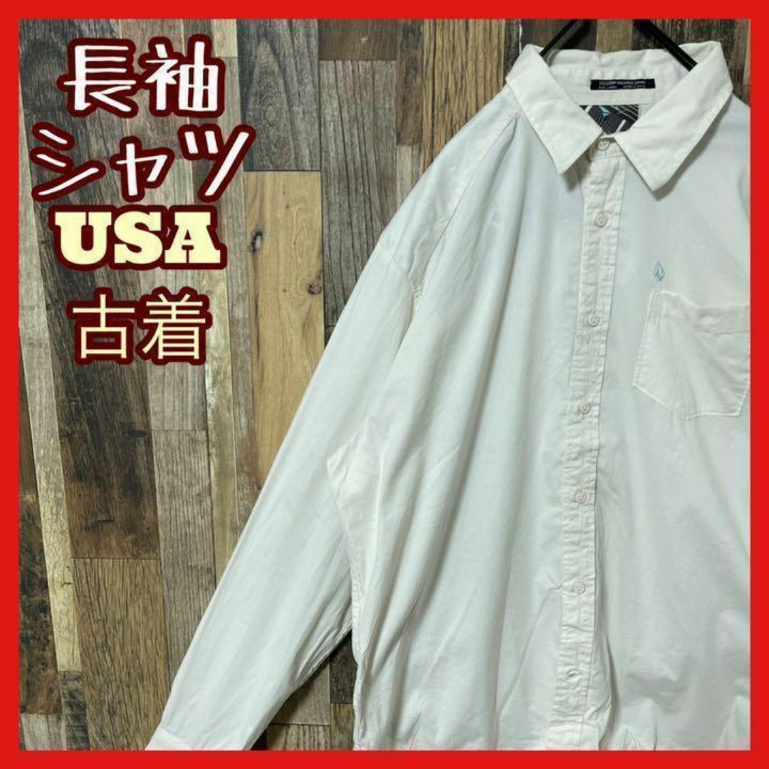 無地 ホワイト ロゴ メンズ L 刺繍 シャツ USA古着 90s 長袖 メンズのトップス(シャツ)の商品写真