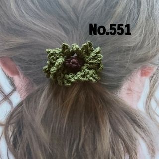 551 コットンのフリルリボンヘアゴム　カーキ(ヘアアクセサリー)