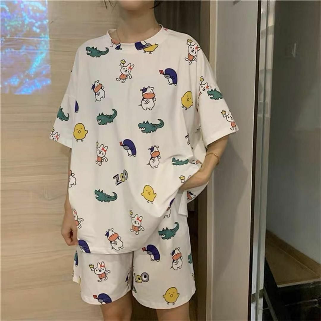 【XLピンク、白】 アニマル　動物　上下セット部屋着　パジャマ　半袖　薄手　韓国 レディースのルームウェア/パジャマ(パジャマ)の商品写真