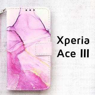 Xperia Ace Ⅲ ピンク マーブル 手帳 ストラップ エース3(Androidケース)