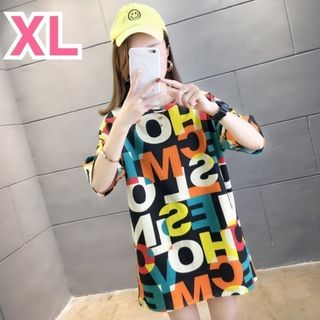 【フォロー割あり】英字 プリント Tシャツ XL ブラック トップス 古着 韓国(Tシャツ(半袖/袖なし))