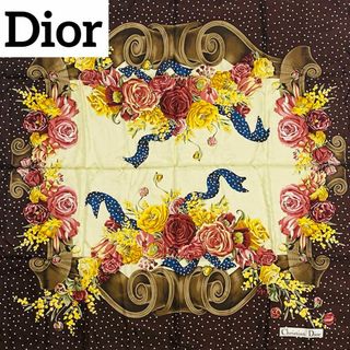 クリスチャンディオール(Christian Dior)の★Dior★ スカーフ 大判 花 リボン ドット 水玉 シルク ブラウン(バンダナ/スカーフ)