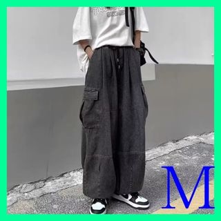 カーゴパンツ ワイド デニム レディース バルーンパンツ 韓国 限定 黒 M (ワークパンツ/カーゴパンツ)