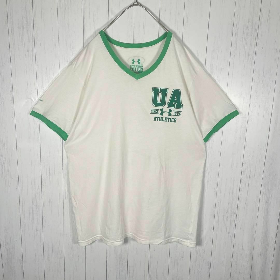 UNDER ARMOUR(アンダーアーマー)の[古着]アンダーアーマー　半袖　リンガーTシャツ　プリントロゴ　Ｖネック　白　緑 メンズのトップス(Tシャツ/カットソー(半袖/袖なし))の商品写真