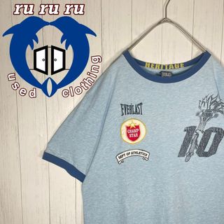 ヴィンテージ(VINTAGE)の[古着]ビンテージ　半袖　リンガーTシャツ　ワッペン　バックロゴ　良配色　水色(Tシャツ/カットソー(半袖/袖なし))