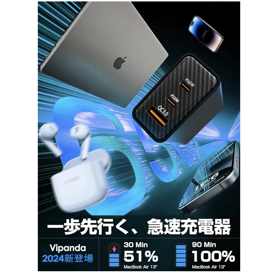 PD 充電器 65w [2024新登場極小型] type-c usb三台同時充電 スマホ/家電/カメラのPC/タブレット(PC周辺機器)の商品写真