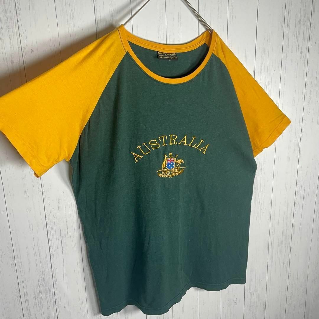 VINTAGE(ヴィンテージ)の[古着]ビンテージ　半袖　Tシャツ　刺繍　ラグラン　カンガルー　緑　黄色　US メンズのトップス(Tシャツ/カットソー(半袖/袖なし))の商品写真