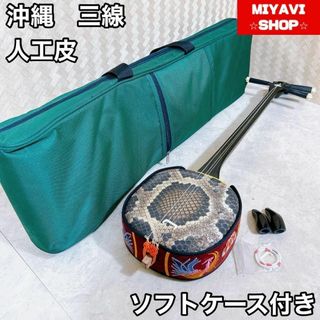 沖縄三線 人工皮 蛇柄 弦楽器 琉球 黒塗り ケース付 初心者 入門モデル 美品(三線)