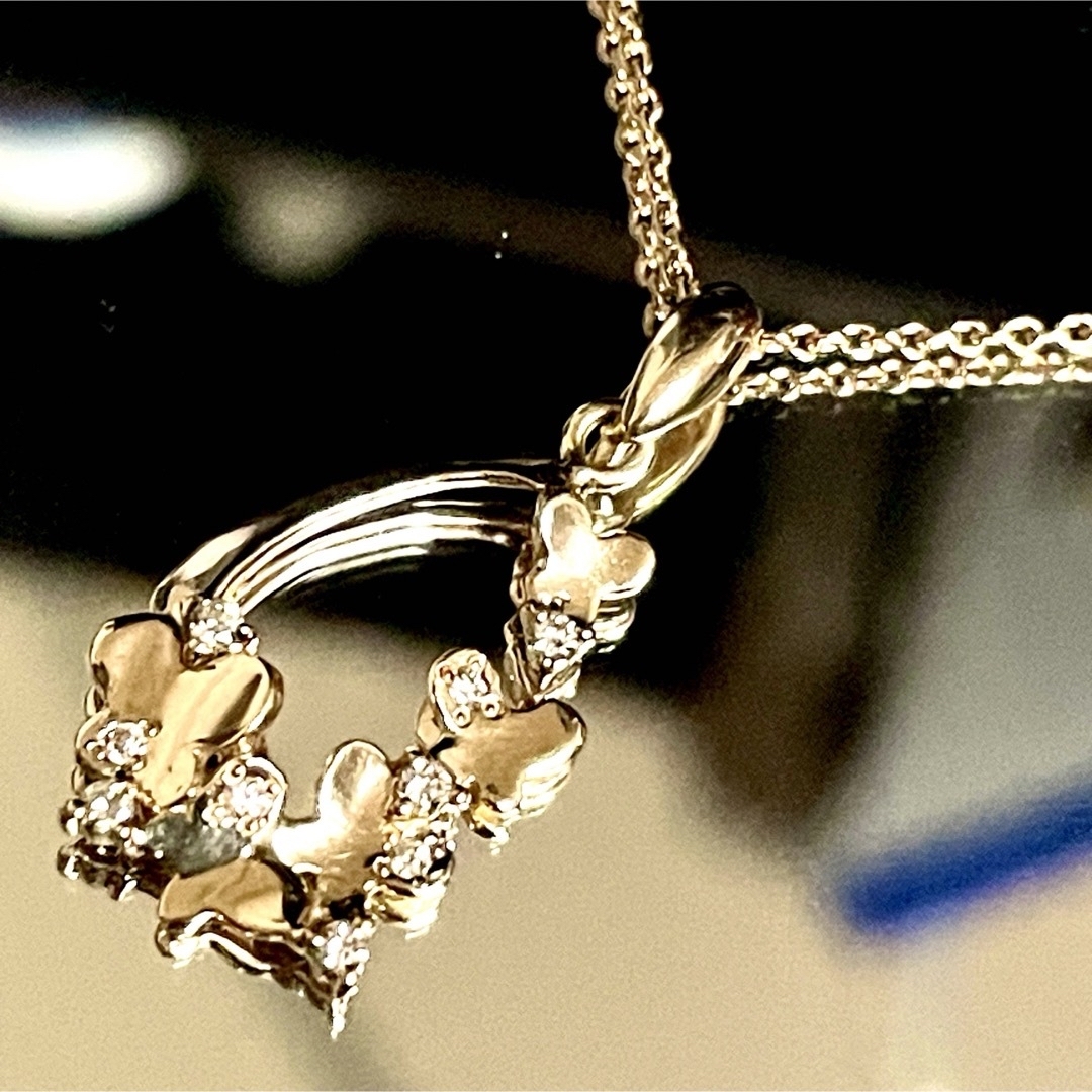 K18PG バタフライモチーフ ダイヤ付 ネックレス 蝶々 レディースのアクセサリー(ネックレス)の商品写真