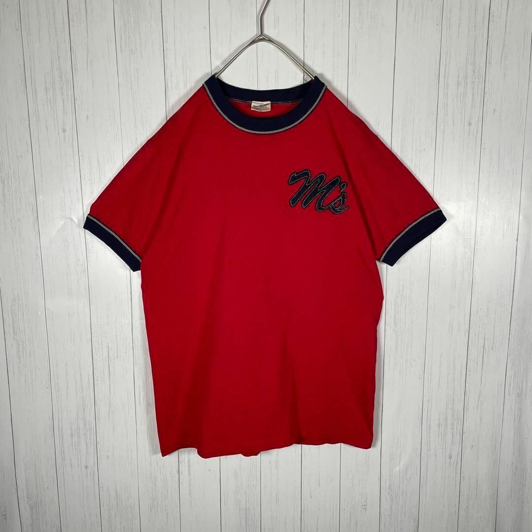 VINTAGE(ヴィンテージ)の[古着]ビンテージ　半袖　リンガーTシャツ　刺繍デザイン　ステッチ　赤　ネイビー メンズのトップス(Tシャツ/カットソー(半袖/袖なし))の商品写真