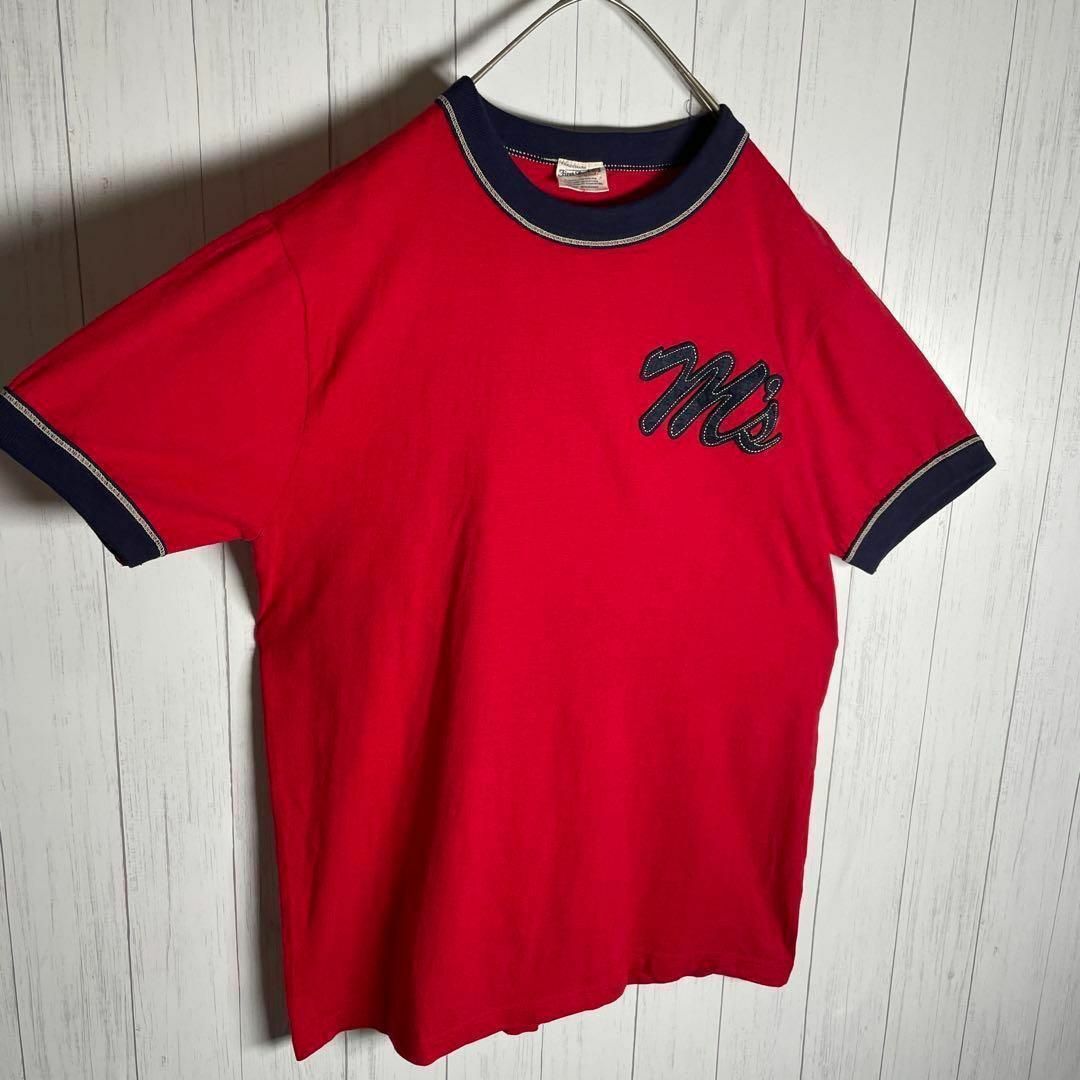 VINTAGE(ヴィンテージ)の[古着]ビンテージ　半袖　リンガーTシャツ　刺繍デザイン　ステッチ　赤　ネイビー メンズのトップス(Tシャツ/カットソー(半袖/袖なし))の商品写真