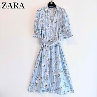 ZARA - ZARA ロングワンピース シャツワンピース フレア 花柄 ベルト付き Lサイズ