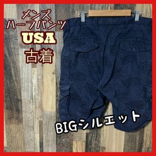 ネイビー 総柄 メンズ XL 36 カーゴ ハーフパンツ USA古着 90s(ショートパンツ)