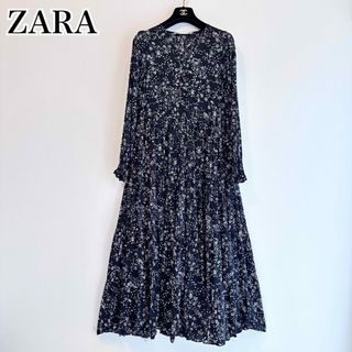 ザラ(ZARA)のZARA ロングワンピース フレアワンピース 花柄 ブラック レーヨン Sサイズ(ロングワンピース/マキシワンピース)