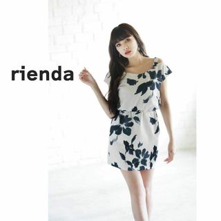 リエンダ(rienda)のrienda リエンダ ミニ　ワンピース　花柄　アイボリー　深緑(ミニワンピース)