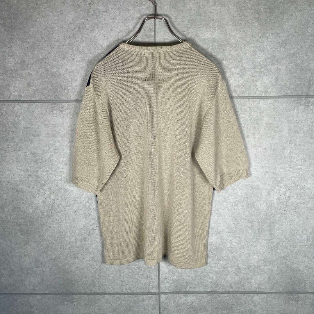 VINTAGE(ヴィンテージ)の[古着]ビンテージ　半袖　サマーニット　紋章　リネン　ベージュ　ネイビー メンズのトップス(Tシャツ/カットソー(半袖/袖なし))の商品写真