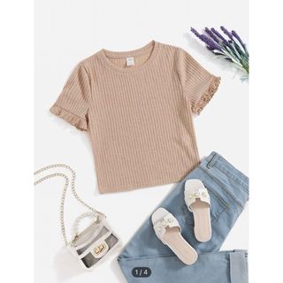 シーイン(SHEIN)の140 ⭐︎ SHEINティーンガールズフラウンススリーブ　リブニット　Ｔシャツ(ニット)