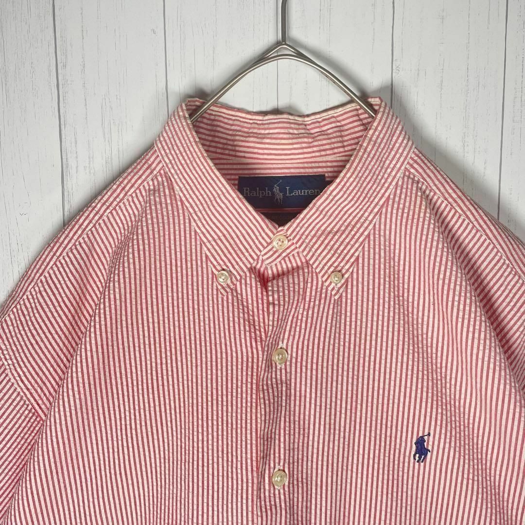 VINTAGE(ヴィンテージ)の[古着]ラルフローレン　半袖　シャツ　ワンポイント刺繍　ストライプ　BD　赤　白 メンズのトップス(シャツ)の商品写真