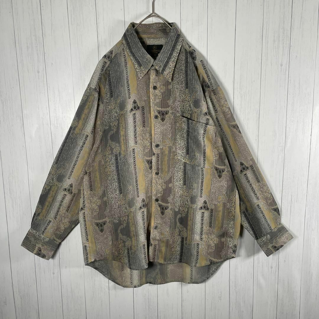 VINTAGE(ヴィンテージ)の[古着]ビンテージ　長袖　シャツ　総柄　幾何学模様　ストライプ　グレー　黄色 メンズのトップス(シャツ)の商品写真