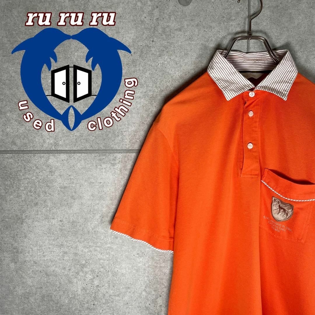 adabat(アダバット)の[古着]adabat　半袖　ポロシャツ　刺繍ワッペン　犬　襟ストライプ　オレンジ メンズのトップス(ポロシャツ)の商品写真