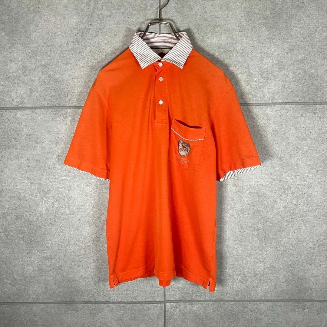 adabat(アダバット)の[古着]adabat　半袖　ポロシャツ　刺繍ワッペン　犬　襟ストライプ　オレンジ メンズのトップス(ポロシャツ)の商品写真