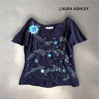 ローラアシュレイ(LAURA ASHLEY)のローラアシュレイ シアーブラウス 半袖 シルク100% ビーズ フラワーモチーフ(シャツ/ブラウス(半袖/袖なし))