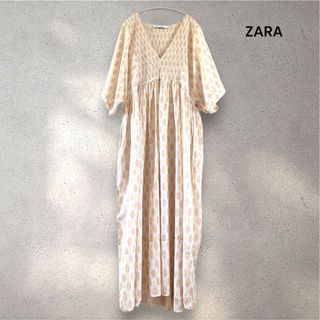 ザラ(ZARA)のZARA ザラ ジオメトリック Vネック ロングワンピース スモッキング L(ロングドレス)