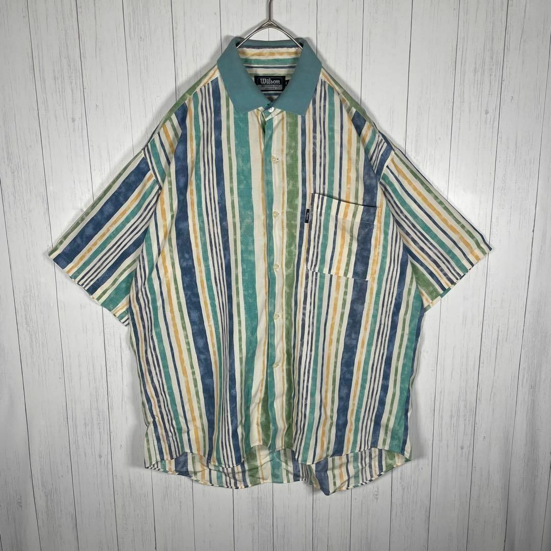VINTAGE(ヴィンテージ)の[古着]ビンテージ　半袖　シャツ　ストライプ　ビビットカラー　緑　青　黄　レトロ メンズのトップス(シャツ)の商品写真