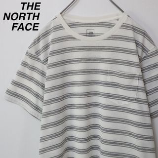 ザノースフェイス(THE NORTH FACE)の【大人気】ノースフェイス／ボーダーTシャツ　ワンポイントロゴ　Lサイズ　白グレー(Tシャツ/カットソー(半袖/袖なし))