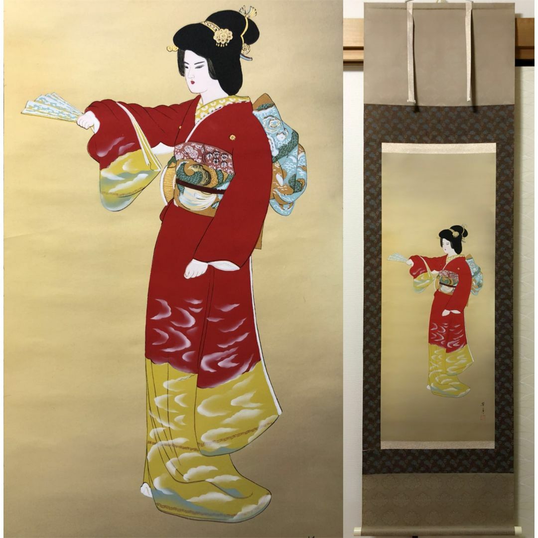 模写 Y913掛軸 絹本 しょうが 共箱 美人画 浮世絵 日本画 在銘 模写 Y913掛軸 絹本 しょうが 共箱 美人画 浮世絵 日本画 在銘