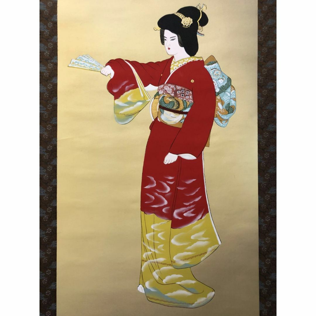 掛軸 【朧月に美人】龍峰 絹本肉筆 美人画|美人画 掛軸 【朧月に美人】龍峰 絹本肉筆 美人画|美人画