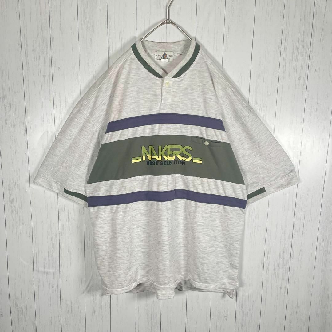 VINTAGE(ヴィンテージ)の[古着]ビンテージ　半袖　Tシャツ　プリント　ハーフボタン　太ライン　白　緑　紫 メンズのトップス(Tシャツ/カットソー(半袖/袖なし))の商品写真