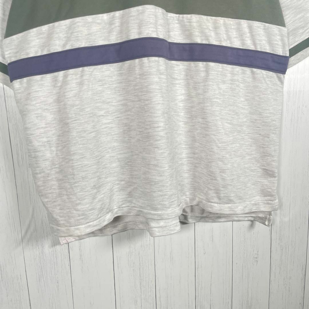 VINTAGE(ヴィンテージ)の[古着]ビンテージ　半袖　Tシャツ　プリント　ハーフボタン　太ライン　白　緑　紫 メンズのトップス(Tシャツ/カットソー(半袖/袖なし))の商品写真