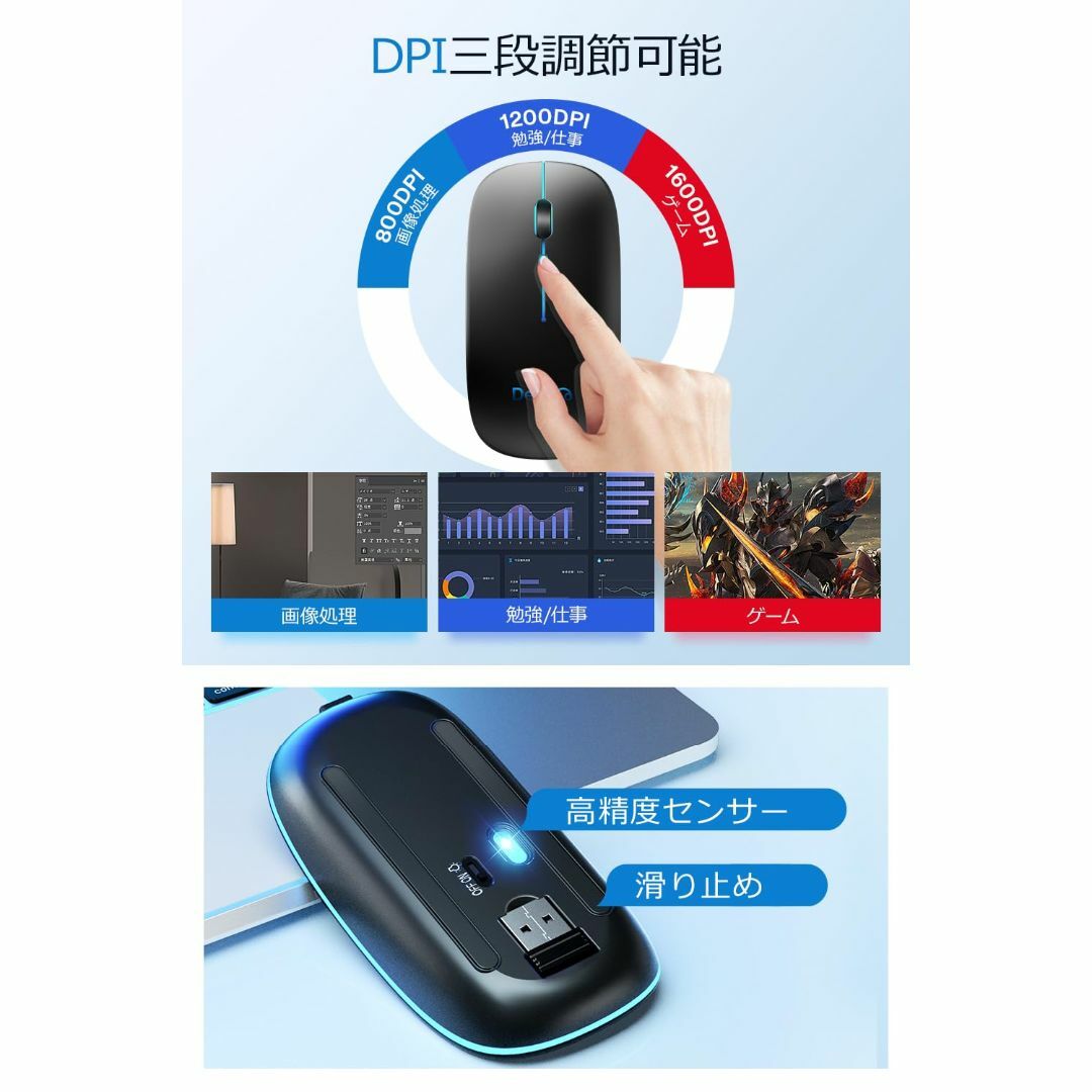 【色: ブラック】マウス 無線 ワイヤレスマウス 【薄型・3段階DPI切替】 静 スマホ/家電/カメラのPC/タブレット(PC周辺機器)の商品写真